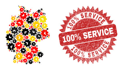 German state map mosaic in German flag official colors - red, yellow, black, and dirty 100% Service red rosette stamp seal.