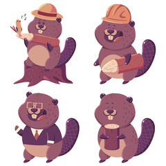 Cute beaver vector cartoon characters set isolated on a white background.