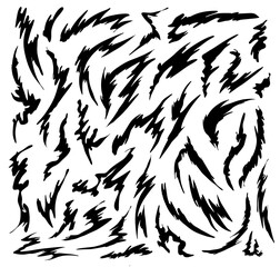 Dynamic shapes, hand-drawn abstract blots isolated on white background. Expressive ink brush strokes in cartoon style. Vector illustration.