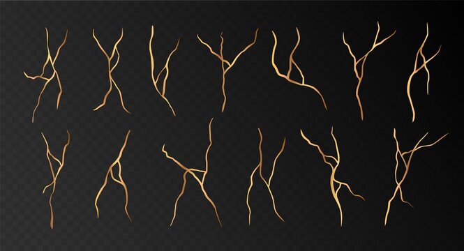 Golden kintsugi cracks set isolated on black. Abstract hand drawn decorative elements collection. Vector illustration.