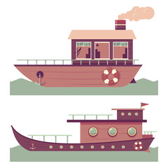 Houseboat vector cartoon set isolated on a white background.