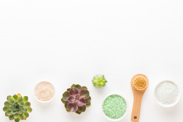 Bio herbal green cosmetic arrangement, sea salt and handmade cosmetic.