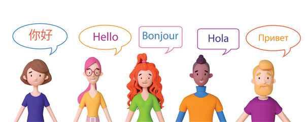 Group of native speakers say - Hello in different languages.  Diverse cultures, international communication concept, summer language program. 3d illustration on white background.