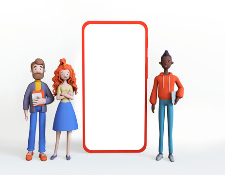 Three diverse office workers next to mobile phone mockup. Business teamwork concept. 3D Cartoon characters of businessmen and businesswoman. 