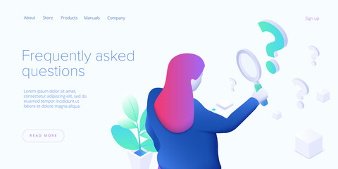 FAQ concept illustration in isometric vector design. Frequently asked questions concept with woman looking through magnifier.