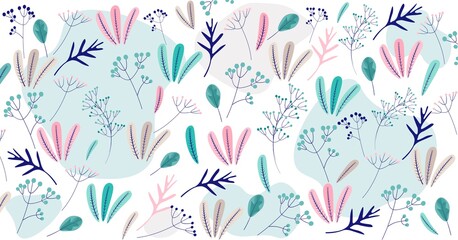 Fototapeta na wymiar Vector pattern drawn floral print. Seamless background, cute pattern. Plants, flowers, berries, leaves. Natural vibrant design for fashion, fabric, wallpaper. 