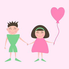 Vector smiling couple in love with pink heart shaped air balloon in flat style on a light pink background. Design element for Valentine's Day, postcard, poster, wallpaper, print, textile, background. 