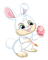 Little cute funny white rabbit with Easter egg