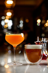 Colorful cocktails close up Set of colored classic cocktails bar. Menu bar Alcohol. Selection of best selling drinks cocktails martini and short bar blurred background