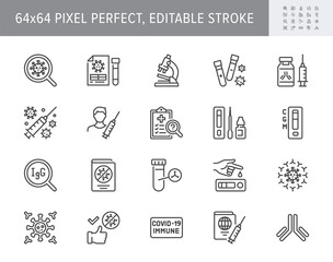 Coronavirus test line icons. Vector illustration include icon - vaccine clinical trial, antibody, rapid kid, blood sample outline pictogram for covid19 diagnostic. 64x64 Pixel Perfect Editable Stroke
