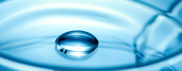 Clean glass petri dish with liquid drop inside over blue light background