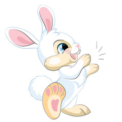 Little cute funny white rabbit claps his hands