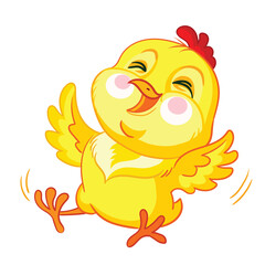 Little cute funny yellow chicken rolling with laughter