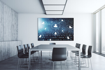 Social network icons concept on presentation monitor in a modern boardroom. Networking concept. 3D Rendering