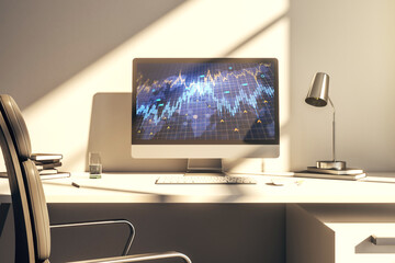 Modern computer monitor with abstract creative financial chart with world map, research and strategy concept. 3D Rendering