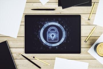 Creative lock sketch with chip hologram on modern digital tablet screen, protection of personal data concept. Top view. 3D Rendering