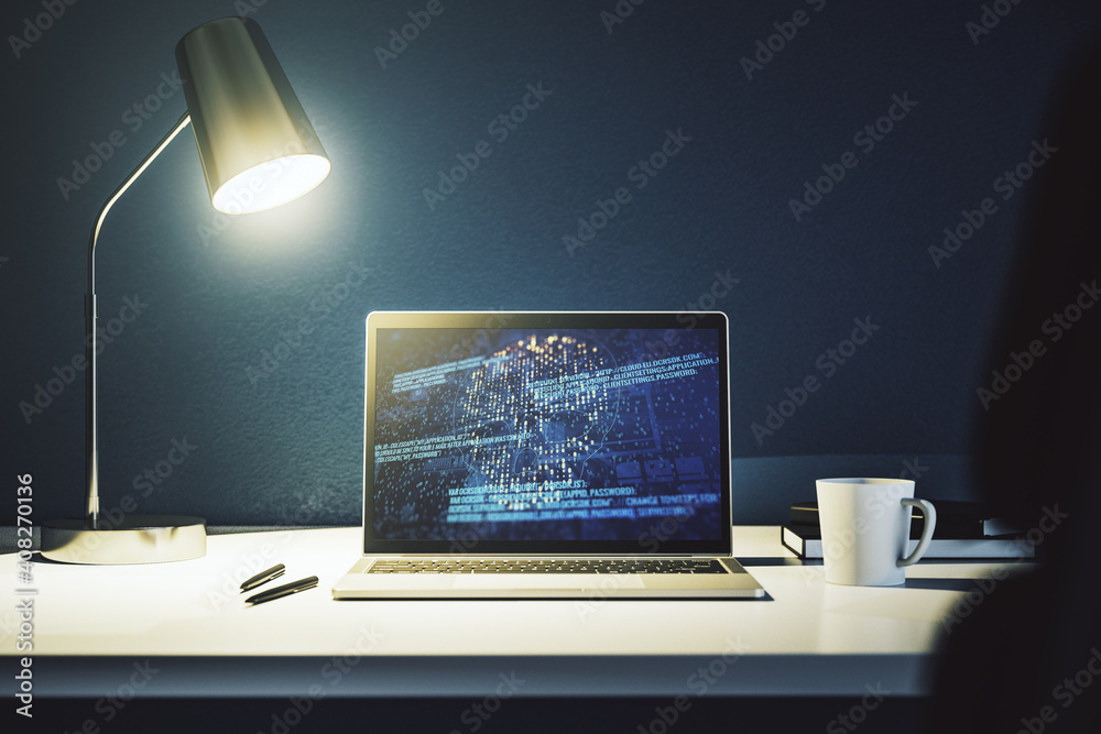 Leinwandbilder creative code skull hologram on modern computer monitor, cybercrime and hacking concept. 3d renderin