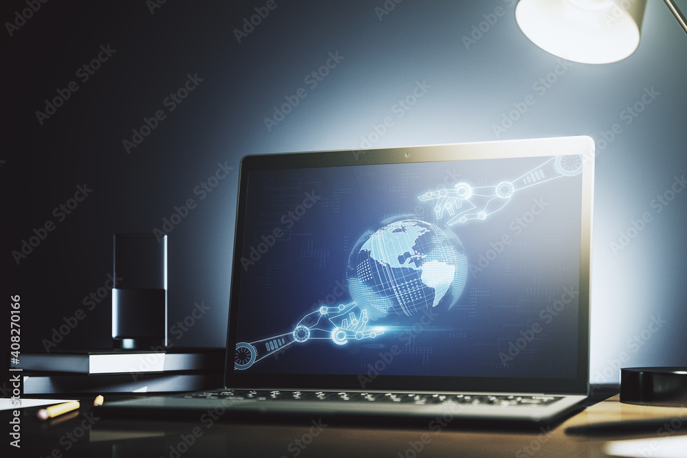 Poster modern computer monitor with robotics technology with world map hologram. research and development s