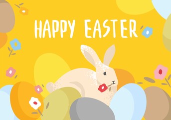 Fun and happy Easter horizontal banner template. Poster with cute rabbits, eggs and flowers in a vintage style is isolated on yellow. Greeting card for spring holiday. cartoon vector illustration