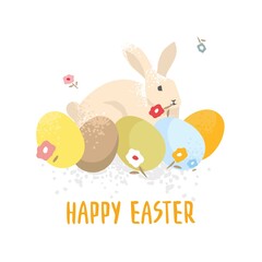 Cute rabbit with a flower in its mouth sits with large colored eggs, flowers in a vintage style isolated on white. Happy Easter lettering. Postcard for the spring holiday. Cartoon vector illustration
