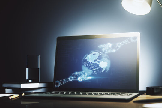 Modern computer monitor with robotics technology with world map hologram. Research and development software concept. 3D Rendering - Powered by Adobe