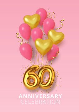 60th Anniversary celebration Number in the form heart of golden and pink balloons. Realistic 3d gold numbers and sparkling confetti, serpentine. Vector