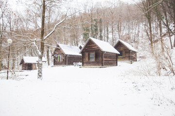 Wooden rural house , winter cold day. Beautiful snowy day in nature.