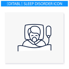 Breathing machine line icon. Apnea treatment. Sleep disorder. Mechanical lungs ventilation. Breathing trouble during sleep. Health care. Isolated vector illustration. Editable stroke 