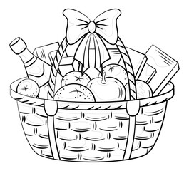 A Wattled Basket with Holiday Gifts, Fruits, Boxes and a Bottle of Champagne Wine. Black Contours Isolated on White Background. Vector