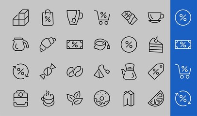 COFFEE and TEA LINEAR ICONS SET, contains Icons of tea, tea bag, Coffee machine, cake, sugar, teapot, cup, milk, cream, Lemon, chocolate bar, LINEAR ICONS Editable stroke