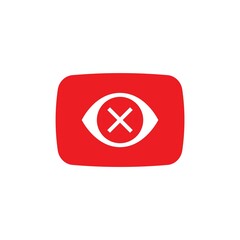 Play button video icon, logo symbol red banner, flat vector, social media sign, mobile app, web video mark vector. Crossed out eye.