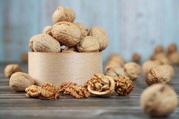 Nuts on wooden background