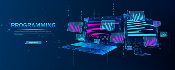 Web development and coding. Software, web development, programming concept. Abstract programming language and program code on the laptop screen. Technological process of software development.  © varflolomey