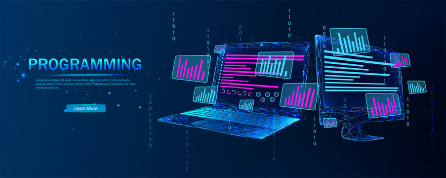 Web development and coding. Software, web development, programming concept. Abstract programming language and program code on the laptop screen. Technological process of software development. 
