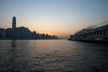 Skyline of Hong Kong at sunset.