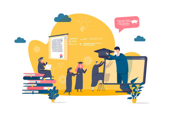 Online education concept in flat style. Graduating student gets diploma online scene. Distance learning service, professional courses banner. Vector illustration with people characters in situation.