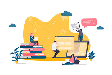 Online studying concept in flat style. Students learning online scene. Distance education, professional seminars and courses web banner. Vector illustration with people characters in work situation. - obrazy, fototapety, plakaty