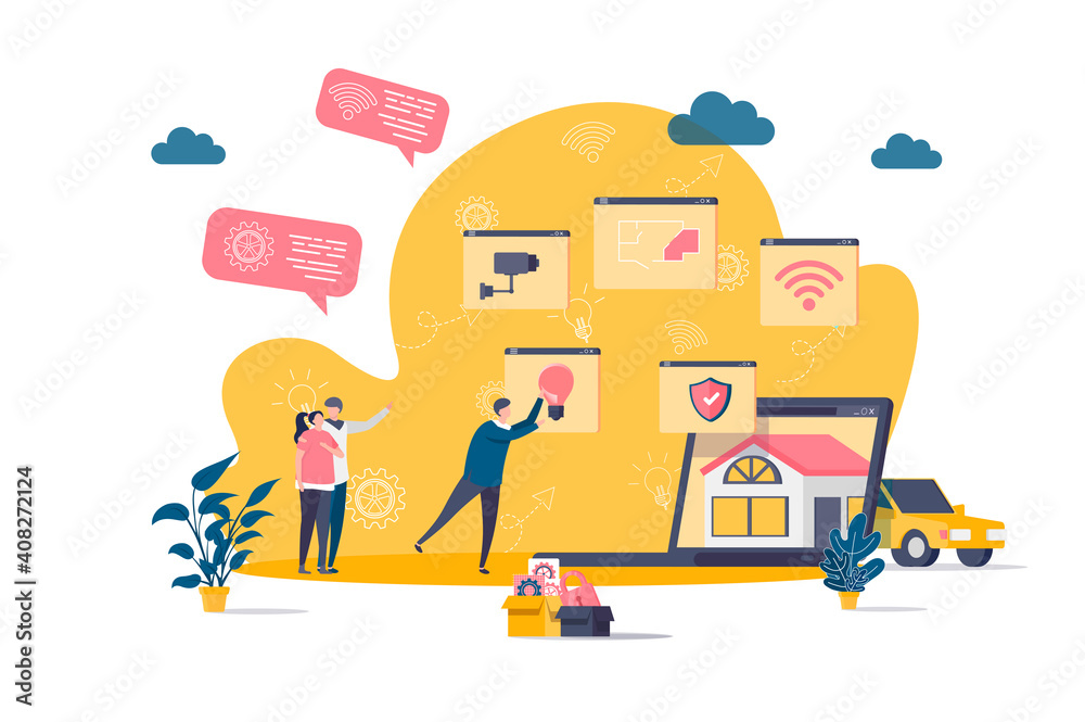 Poster smart home concept in flat style. people build smart home scene. online home control, monitoring and