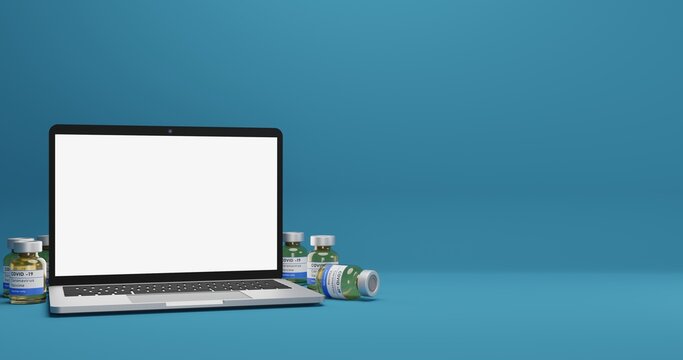 Computer laptop and Vaccine bottle. Covid-19 corona virus vaccination with vaccine bottle injection tool for covid19 immunization treatment. 3d rendering