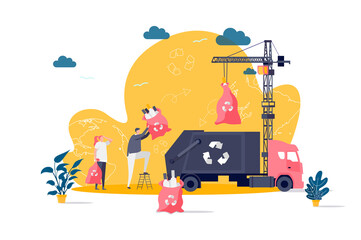 Waste management concept in flat style. People loading sorted waste in truck scene. Control and management of garbage utilization web banner. Vector illustration with people characters in situation.