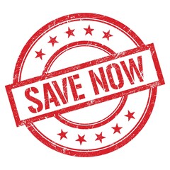 SAVE NOW text written on red vintage stamp.