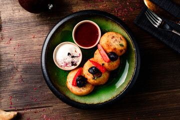 Ricotta pancakes, Syrniki Cottage cheese pancakes, Fritters of cottage cheese healthy breakfast