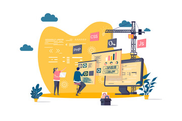 Web development concept in flat style. Developers team construct web application scene. Full stack development, software engineering, design and programming. Vector illustration with people characters