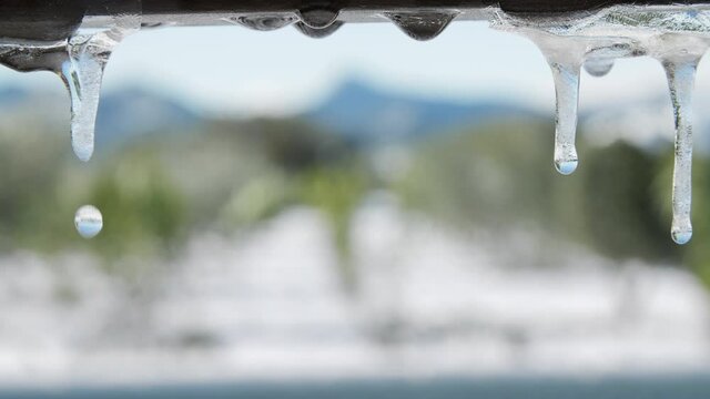 Melting Ice Stalactites. Snowy landscape with Trees on blurry background