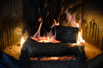 Bûches de bois brûlant dans l'âtre d'une cheminée