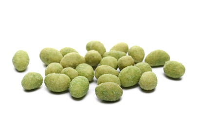 Wasabi coated peanuts pile isolated on white background