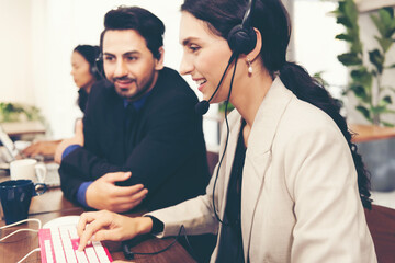 Call center and customer service team support for information operator at work.Â  People woman...