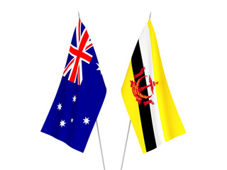 National fabric flags of Australia and Brunei isolated on white background. 3d rendering illustration.