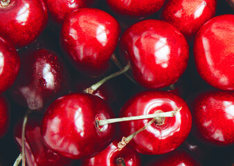 Close-up of red ripe cherries. Summer background. Close up