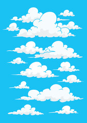Cartoon clouds in blue sky, white clouds vector illustration